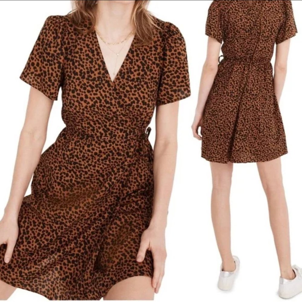 Madewell Flutter-Sleeve Wrap Mini Dress in Painted Leopard
